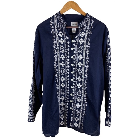 Chico's Tops - Chicos Navy Embroidered Long Sleeve Button down shirt, Size XL 16 (chicos sz 3)